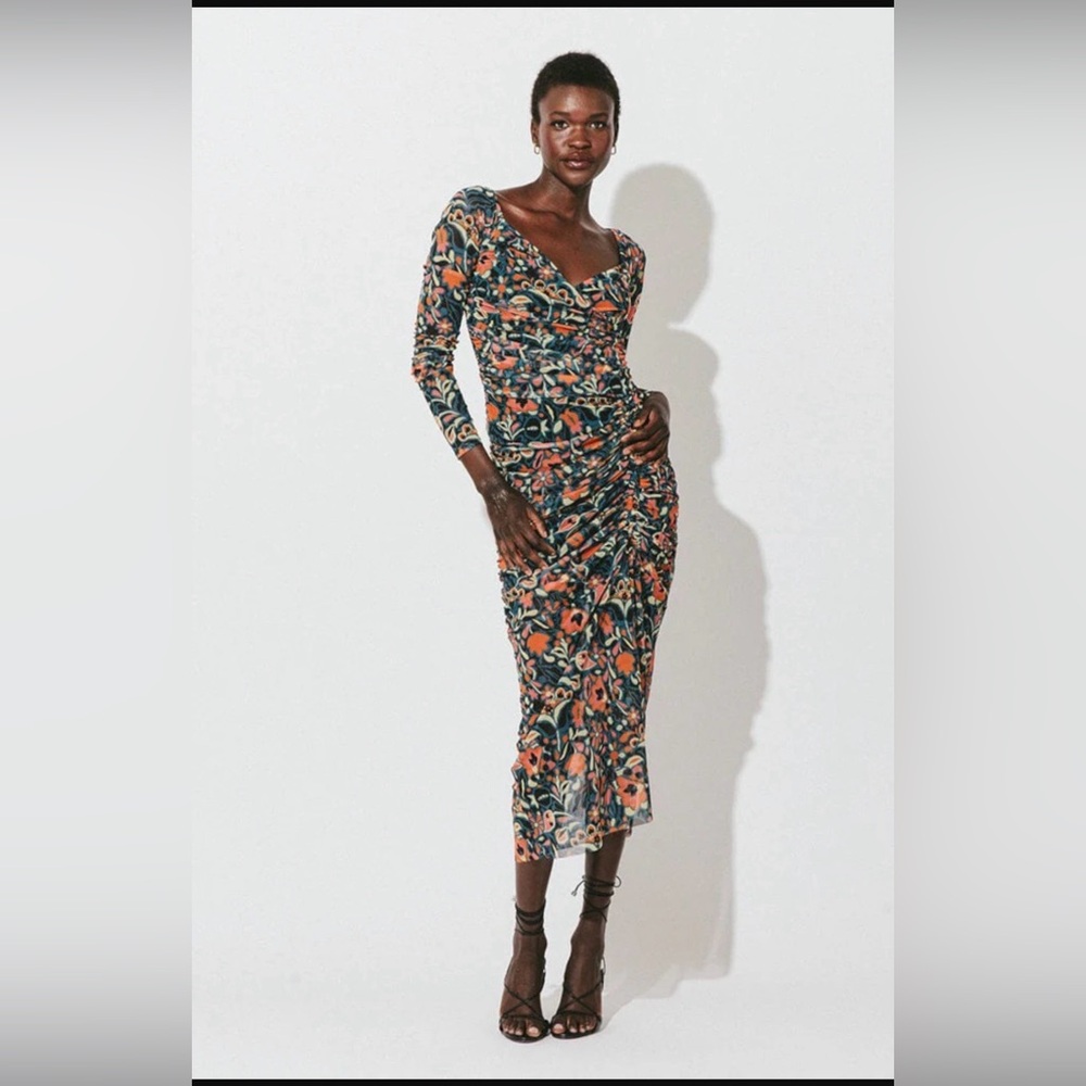 Cleobella Macey Mesh Midi Dress Tallulah Slit Long Sleeve Floral Ruched Bodycon